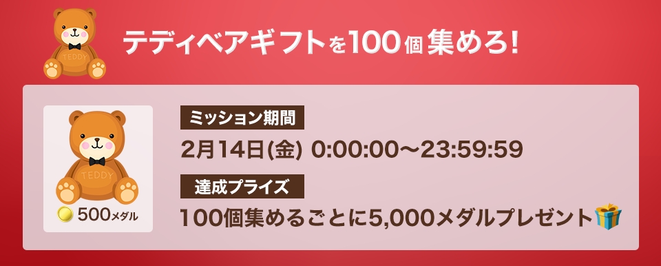 テディベアギフトを100個集めろ!ミッション期間:2月14日(金)0:00:00 - 23:59:59 達成プライズ:100個集めるごとに5,000メダル