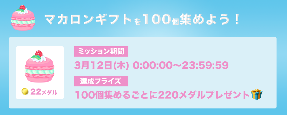 マカロンギフトを100個集めろ!ミッション期間:3月12日(木) 0:00:00 - 23:59:59 達成プライズ:100個集めるごとに220メダル