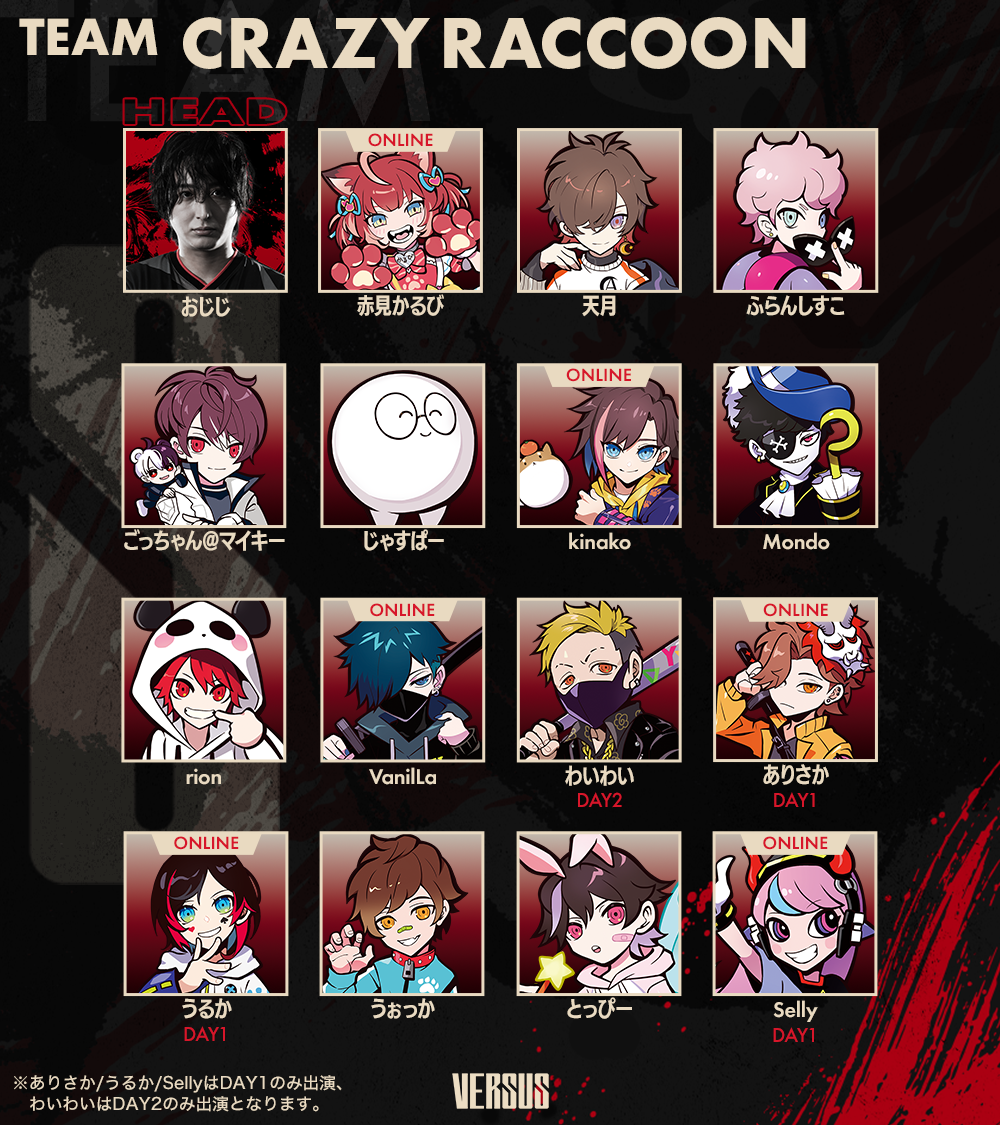 TEAM CRAZY RACCOON HEAD｜おじじ、赤見かるび、天月、ふらんしすこ、ごっちゃん@マイキー、じゃすぱー、kinako、Mondo、rion、VaniILa、[Day2]わいわい、[Day1]ありさか、[Day1]うるか、うぉっか、とっぴー、[Day1]Selly