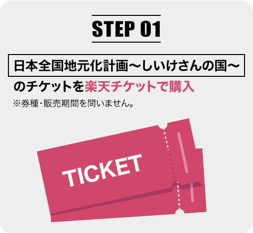 STEP1「日本全国地元化計画〜しいけさんの国〜」
                    のチケットを楽天チケットで購入 ※券種・販売期間を問いません。